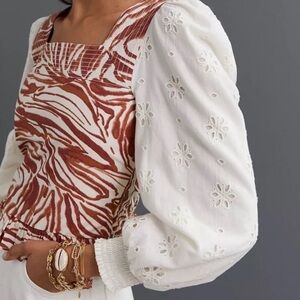 Anthropologie Love The Label Women Smocked Puff-Sleeve Blouse Size S Mixed Print